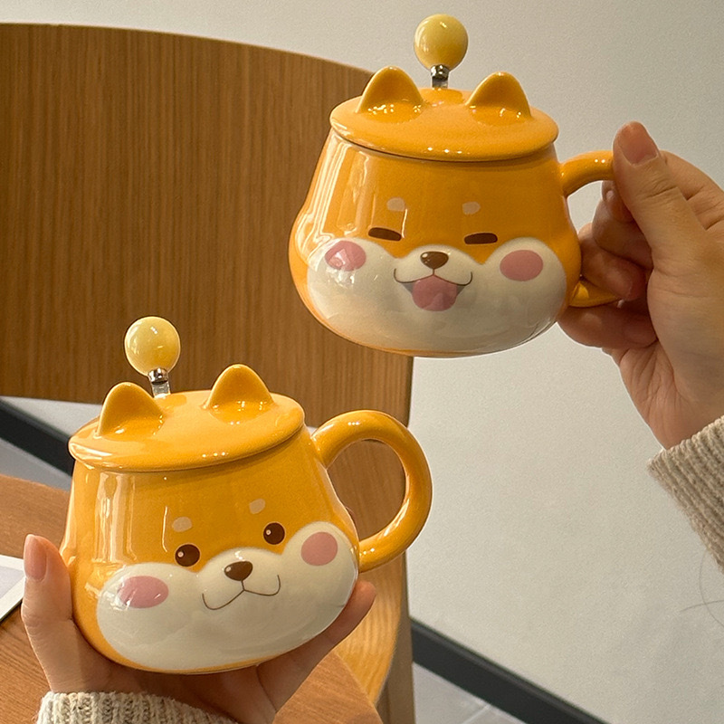 2024 Taza Shiba Inu creativa y linda con tapa, cuchara, taza de cerámica para el hogar de alto valor, taza de agua para parejas, regalo de mano