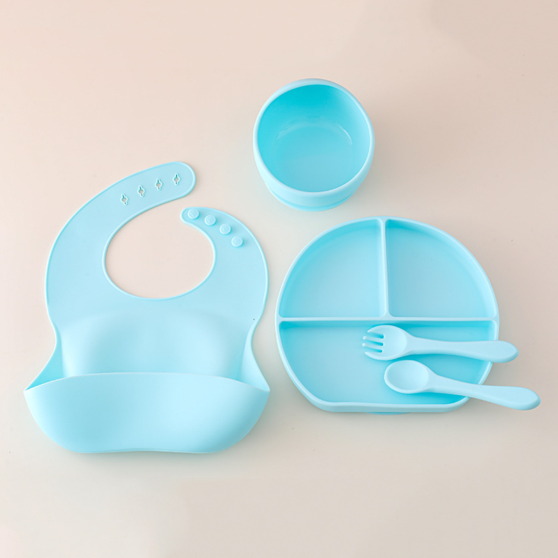 Juego de vajilla de silicona para bebés, vajilla de alimentación para bebés recién nacidos, plato de comedor de rejilla dividida de silicona, babero de tazón de alimentos al por mayor