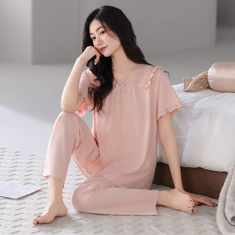 睡衣高级轻奢女夏纯棉薄款宫廷风可外穿夏款短袖大码家居服女