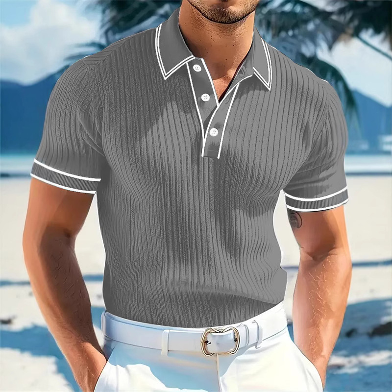 26 New Short-Sleeve Foreign Trade Summer Men's Cross-Border Color-Block Striped Turn-Down Collar Polo Shirt_voghion.com