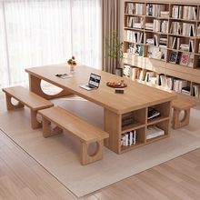 简约实木客厅书桌工作台书架一体双人桌椅组合学生阅读家用学习桌