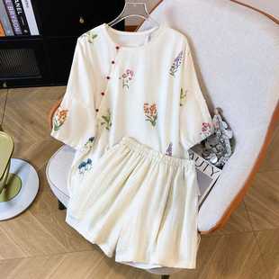 Real Shot of Chinese Style New Chinese Floral Suit for Women Summer Cotton and Linen Three-Quarter Sleeve Button-Down Shirt Wide-Leg Shorts Complete Set