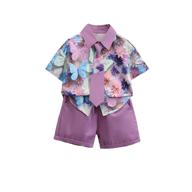 男の子の夏のシャツスーツ 2025 新しい子供の夏服ファッショナブルなインターネット有名人の赤ちゃん半袖ハンサムなネクタイの服|undefined