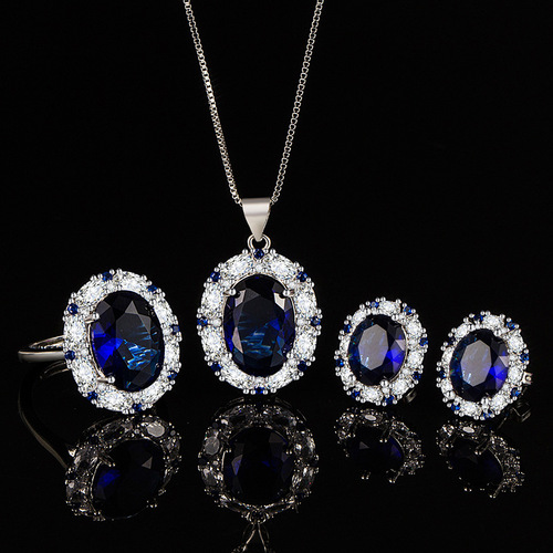 New cross-border temperament colorful treasure set inlaid with sapphire blue pendant, ring, earrings, three-piece jewelry set, dropshipping