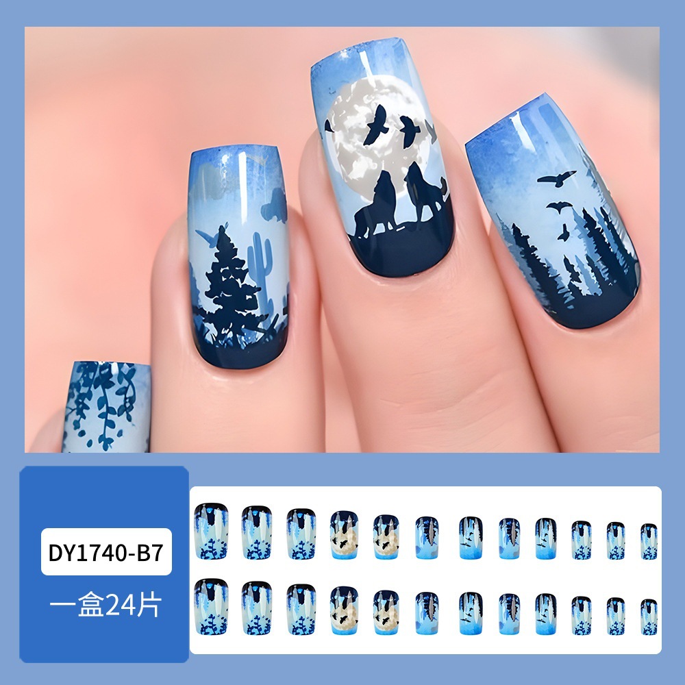 Luna de noche lobo aullando parche de uñas, noche oscura de uñas bosques de uso de uñas, ventas calientes de uso de uñas de alto nivel en Europa y América