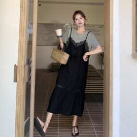 黑色蕾丝拼接假两件连衣裙女夏2026新款法式气质设计感宽松长裙子