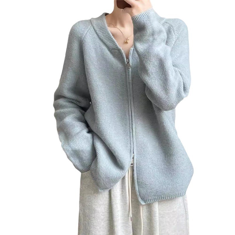 Sanfter und lässiger einfarbiger Pullover für Damen, Herbst 2024, neuer Stil im Westernstil, altersreduzierender V-Ausschnitt, Doppelreißverschluss_voghion.com