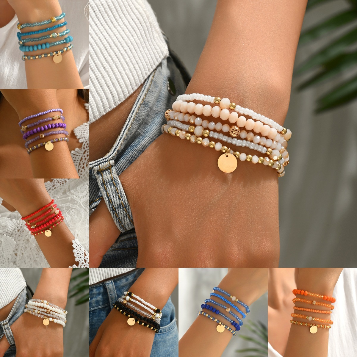 Fashionable All-match Multi-style Five-piece Bracelet suit Simple Woven Stretch Glass Rice Bead Pendant Bracelet