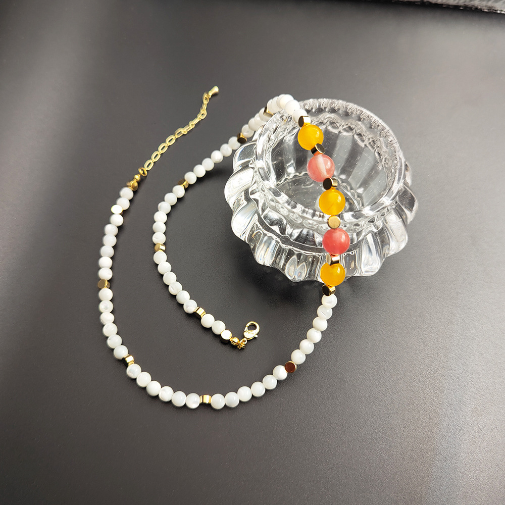 Vintage Edelstein Und Muschel Perlenhalskette Boho Stil_voghion.com