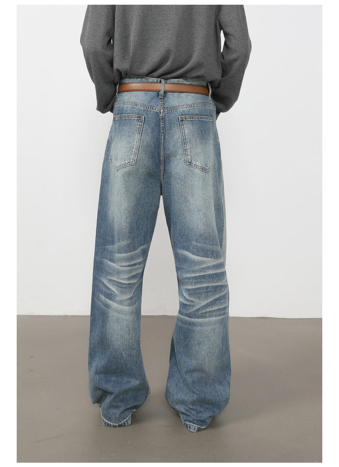 Quần jeans nam ống rộng lưng giữa, dáng suông thoải mái, chất denim washed — màu xanh, màu xanh nhạt, màu xám đen chi tiết 5