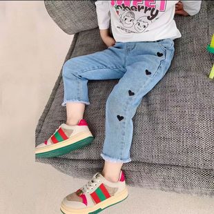 Spring and Autumn Women's Children's Wear Jeans Baby's Western Style Children's Personality Trendy Korean Style Fashionable Love Love Rings Cyber Celebrant Flared Pants