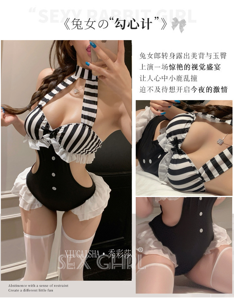 One-Piece Maid Role-Play Lingerie Set with Open-Crotch Stockings, Black, One Size — detail image 8
