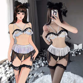 情若涵情趣内衣性感荷叶边露乳诱惑开档免脱透明分体制服套装2564