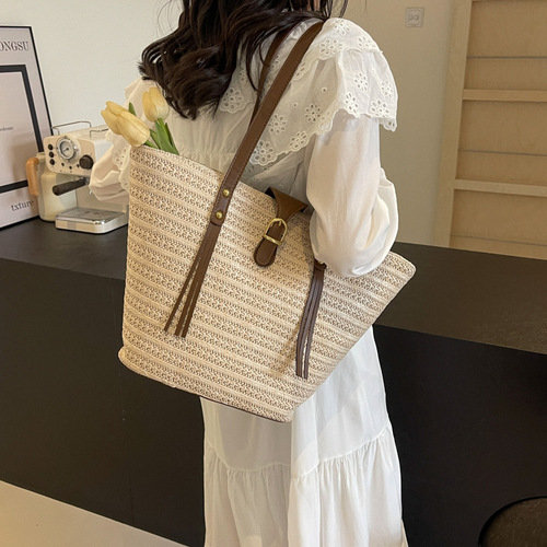 Straw large capacity bag women's bag woven summer beach women's 2024 new bag shoulder handheld tote bag large bag