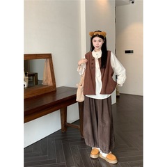 复古叠穿灯芯绒马甲长袖衬衫高腰灯笼长裤女2025秋季新款时尚套装