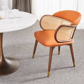 北欧实木餐椅中古风白蜡木编藤休闲椅子高档售楼部设计师扶手椅