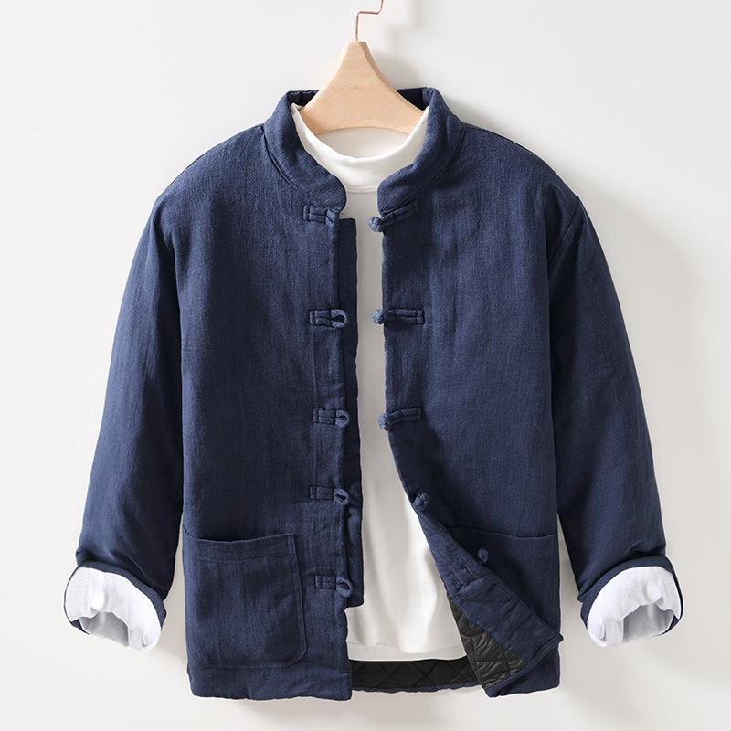 P117 Casual Ramie Fleece-Lined Thickeneded Cotton Outwear for Men Chinese Style Pure Color Thermal Shirt Jacket Drop Shipping