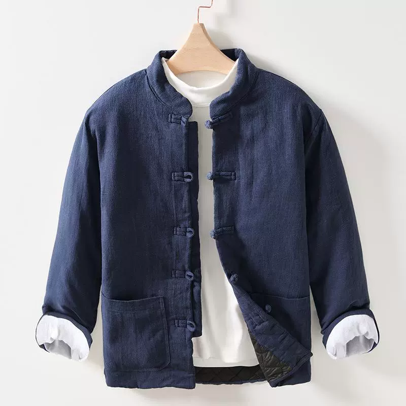 L117 Повседневная стеганая куртка из рами на флисовой подкладке с хлопковой подкладкой, Мужская однотонная теплая рубашка в китайском стиле, пальто из поколения волос