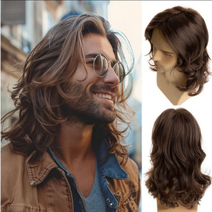 Cross-Border New Wig European and American Men's Wig Brown Medium-Length Curly Hair Natural Curly Headgear Manufacturer Ready Stock