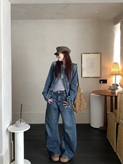 韩系水洗长袖牛仔外套高腰阔腿休闲长裤女2025秋季新款时尚套装潮