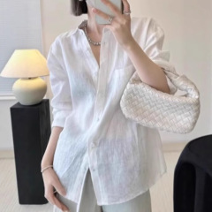 女性用フレンチホワイトリネン長袖シャツ、夏用薄手ゆったりコットンリネンシャツ、微透けトップ付き