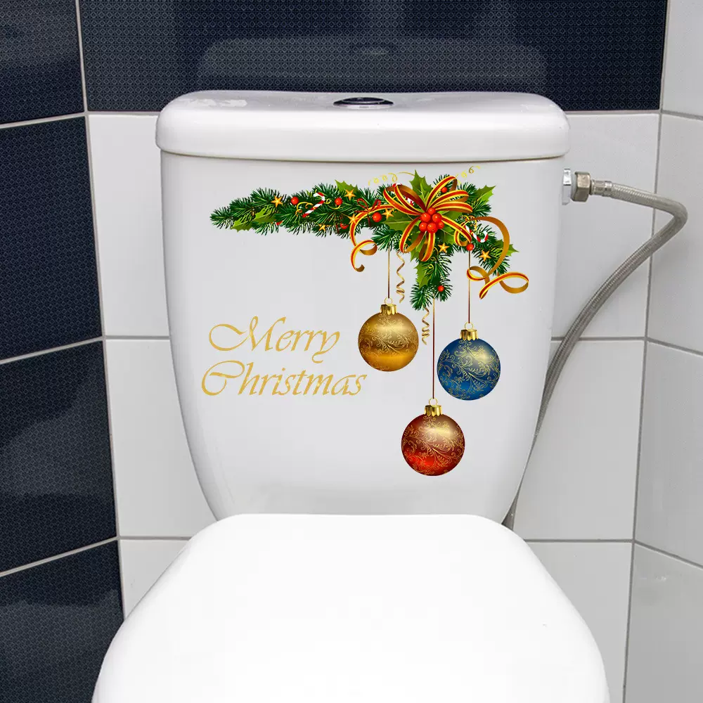 尚易SPW-S0376圣诞节彩球马桶装饰墙贴自粘PVC浴室跨境直采马桶贴