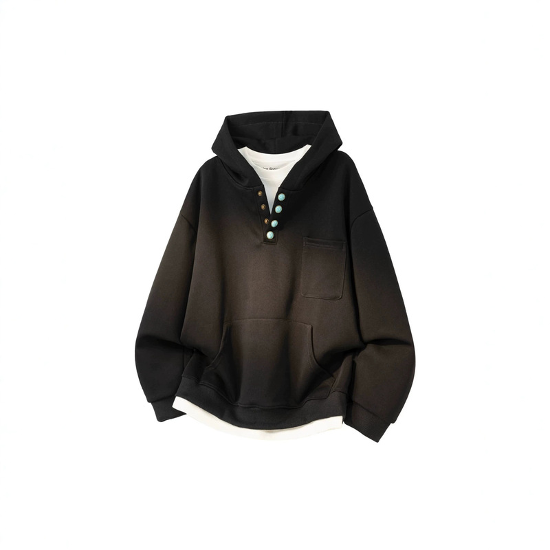 New American retro turquoise button-up hooded sweatshirt for men and women, loose and casual style for spring and autumn
