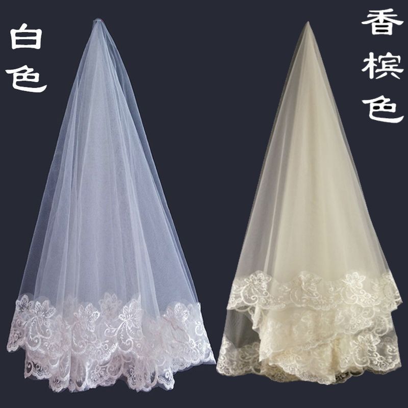 复古头纱婚纱香槟色蕾丝花边单层1.5米韩式新娘白色超仙森系跨境|ru