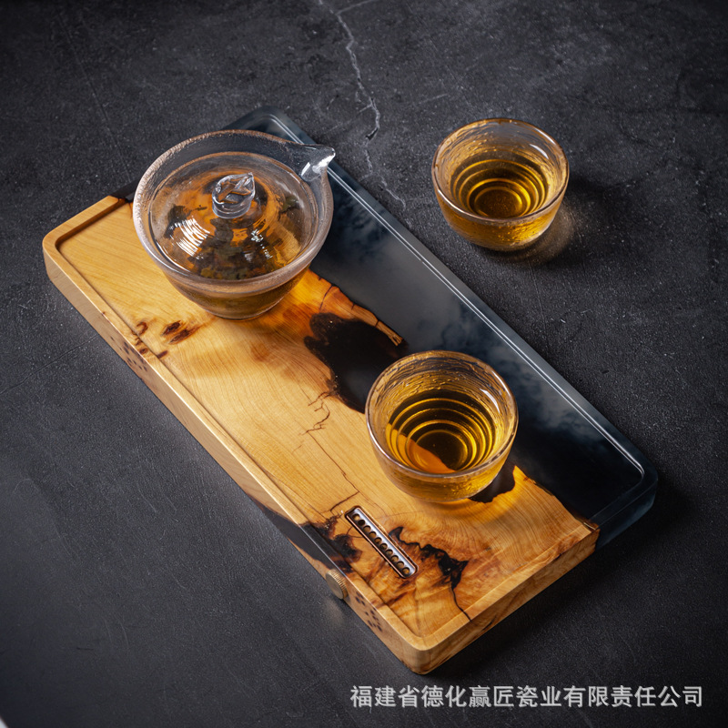 Bandeja de té transfronteriza, bandeja de té para el hogar, mesa de espuma seca pequeña moderna de lujo ligero, bandeja de drenaje rectangular de té de tohuja de madera maciza