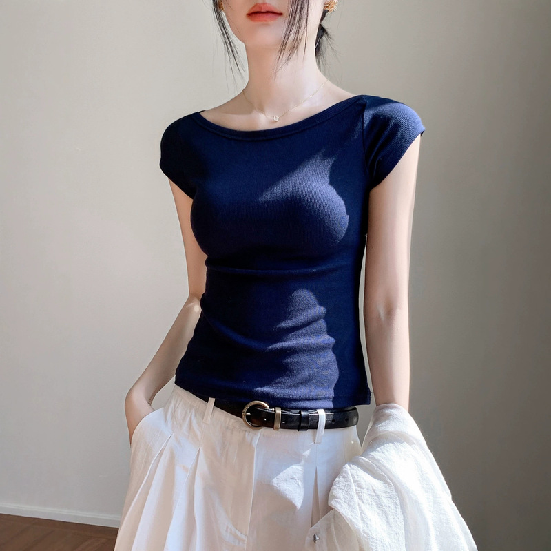 Summer Minimalist Style Short-Sleeved T-Shirt for Women 2026 New Slim Fit T-Shirt Summer Wear Boat Neck Top Summer Minimalist Style Short-Sleeved T-Shirt for Women 2026 New Slim Fit T-Shirt Summer Wear Boat Neck Top