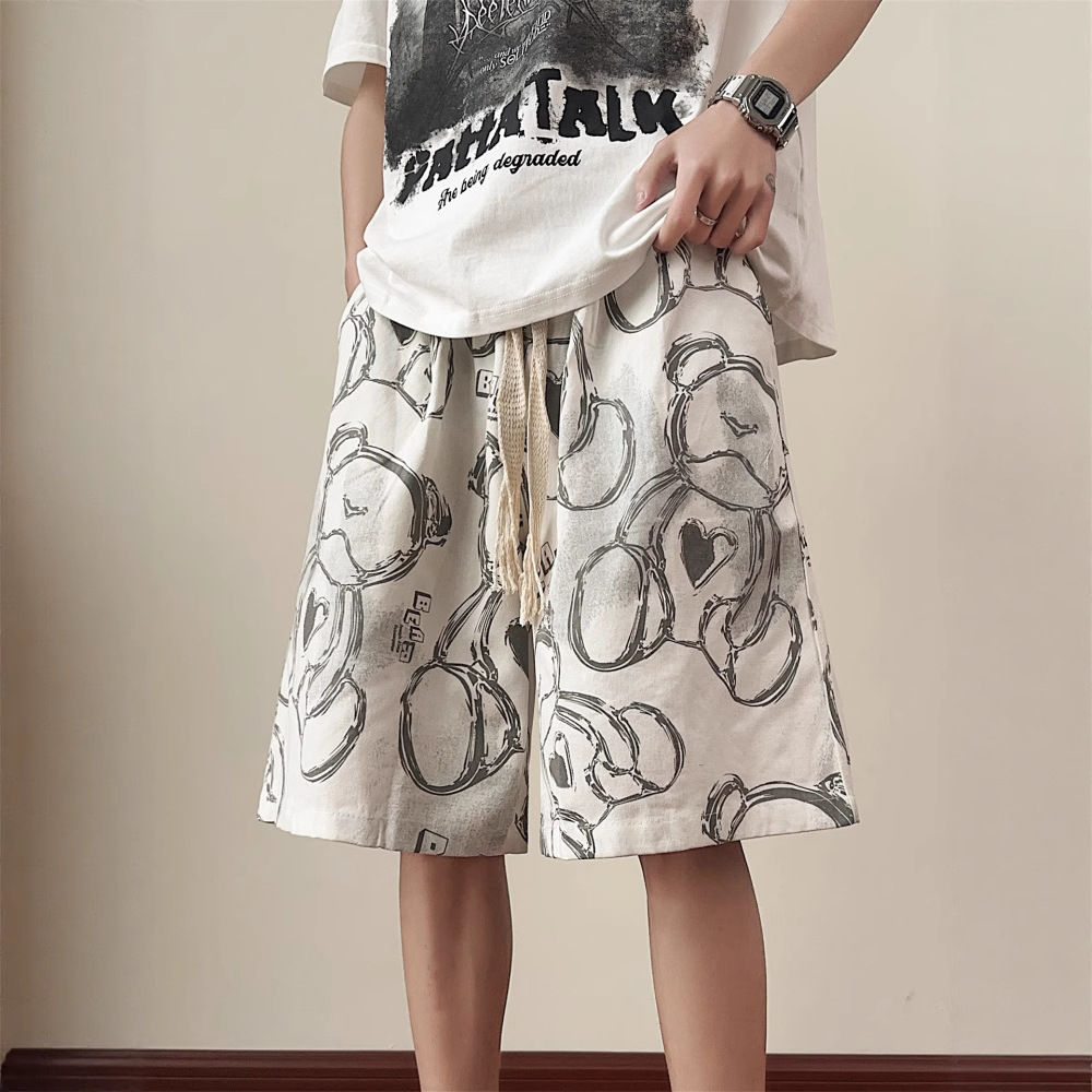 Herren-Shorts mit elastischem Kordelzug, Bären-Graffiti-Print, schnelltrocknend, lässig, locker geschnitten, Strand- und Sportshorts, trendige Sommerhose mit Fünf-Punkt-Design_voghion.com