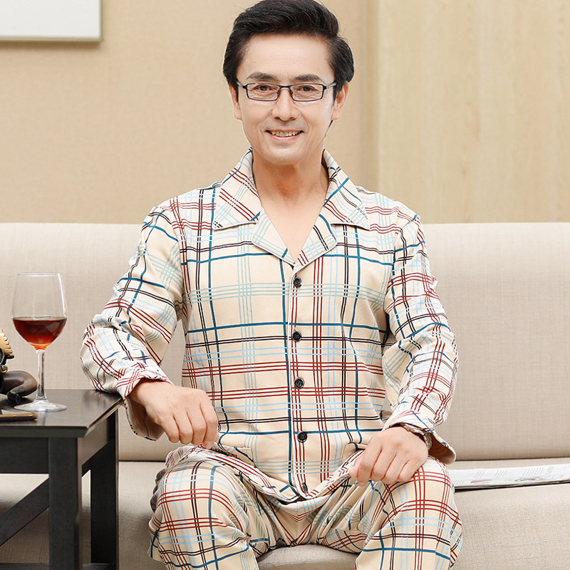 Pijama de mediana edad y ancianos primavera y otoño de los hombres 100% algodón de manga larga hogar ^ más el tamaño de mediana edad papá traje de dos piezas