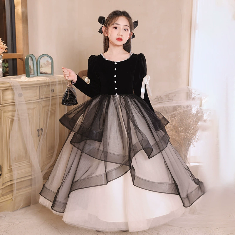 Вечернее платье для девочек, роскошное черное платье принцессы для детей старшего возраста, детский наряд для выступлений за пианино на весну.