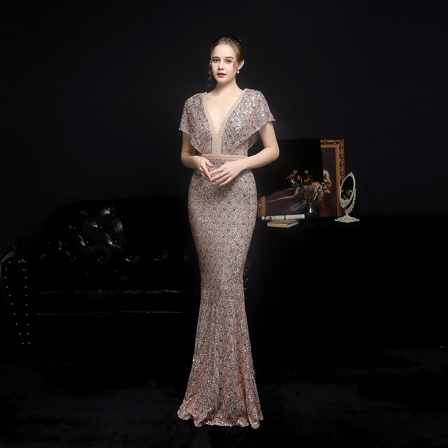18611 # Plaid Sequin Fishtail Banquet Elegant Temperament Annual Meeting Host Car Model Party Dress Female Autumn