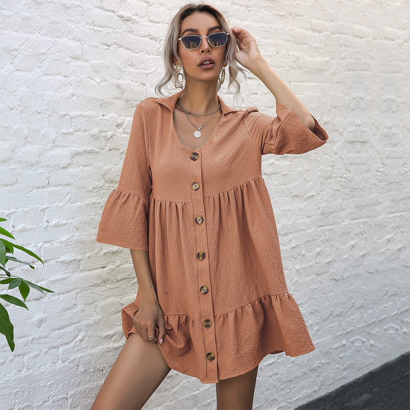 Solid Color Loose Lapel Five-Sleeve Doll Dress_voghion.com