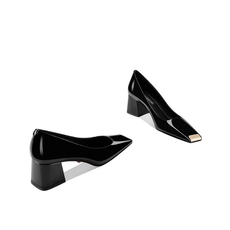 Black Square-Toe High-Heeled Shoes for Women, New Spring Model, Patent Leather, Versatile Work Shoes, Chunky Heels, Professional Single Shoes for Women, White