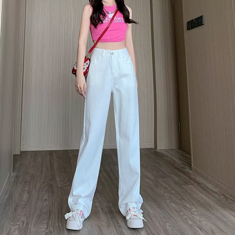 White Jeans Girl's Summer 2024 New Style Small High Waist Slimming Loose-fit Wide Leg Straight Pants White Jeans Girl's Summer 2024 New Style Small High Waist Slimming Loose-fit Wide Leg Straight Pants