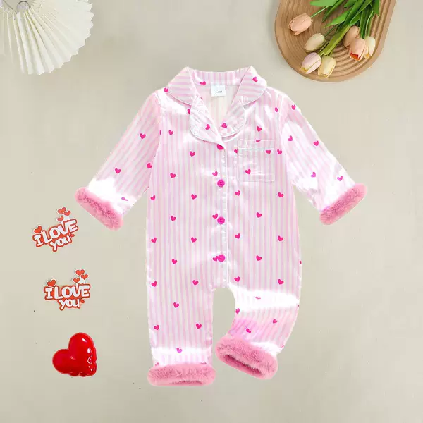 Girls' One-Piece Romper Baby Crawling Suit Baby Pajamas Autumn and Winter Warm Fleece Thickened Vertical Stripes Heart Romper