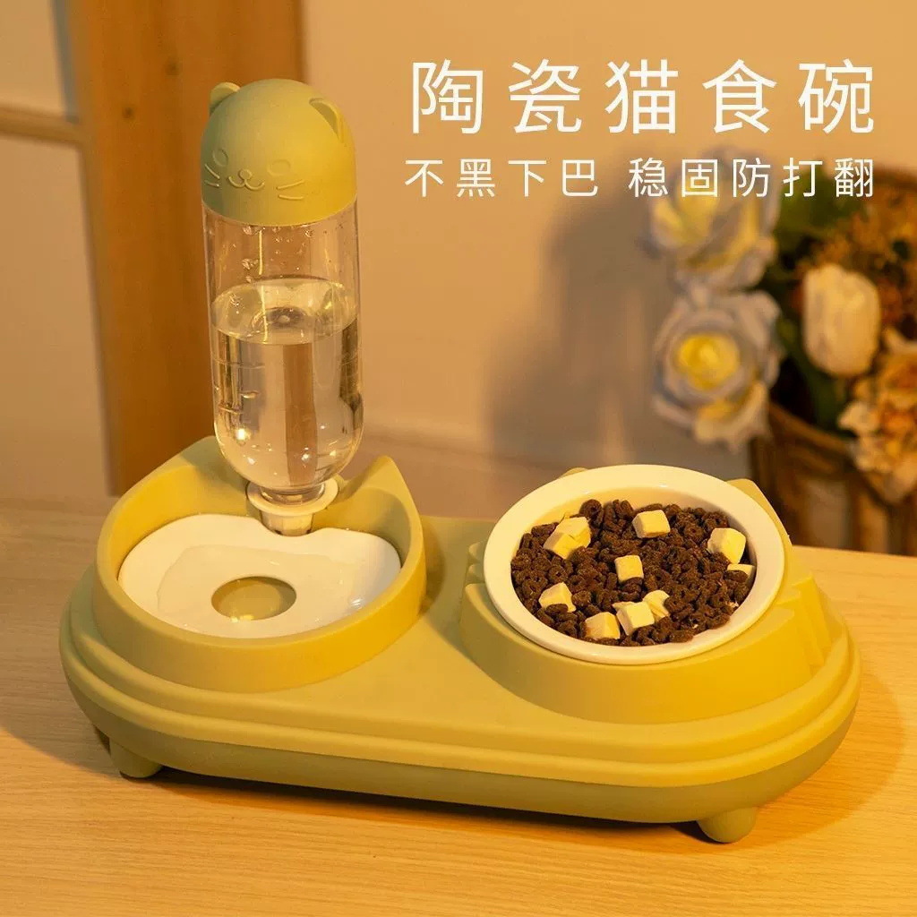 Tazón de alimentación automática de agua para perros y gatos para mascotas dos en uno Tazón de agua de arroz integral Tazón de alimentación de alto valor facial