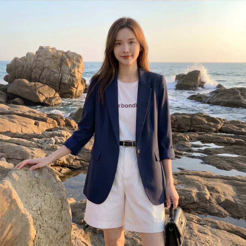 2632】Navy Blue Mid-Sleeve Thin Blazer for Women, Summer 2026 New Style Sun Protection Jacket, Three-Quarter Sleeve Small Suit