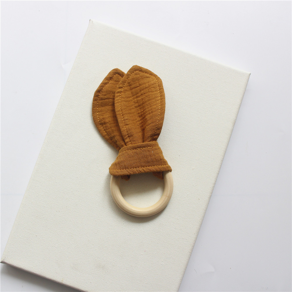 23g Weight Teething biscuits Toys Type 1 Piece Quantity Cloth, Wood Material Solid Color, Bow Knot Pattern Cute Style Cotton Gauze Wooden Teething Ring Baby Hand Grasping Training Toy Cute Solid Color Baby Accessories 2