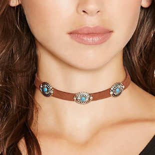 European and American Fashion Retro Necklace Metal Flower Plate Turquoise Korean Velvet Necklace Choker Bohemian Necklace Collar