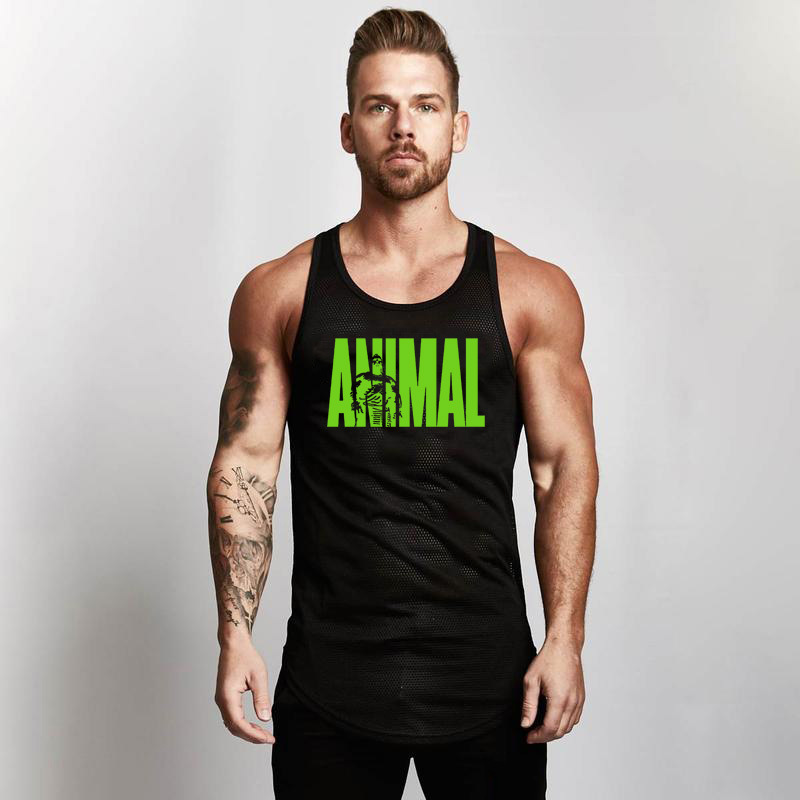 Cross-border AliExpress Mesh Breathable Fitness Sports Muscle Vest Men's Body Building Training Slim-fit Sleeveless Shoulder T-shirt