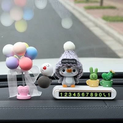 car accessories, decorative items for – Nömrəli dayanma kartı - gray-capped-penguin-white-parking-sign-green-plants-colorful-bobblehead-balloons