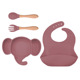 Four pieces of dark pink [bib + elephant head plate + wooden handle fork and spoon]