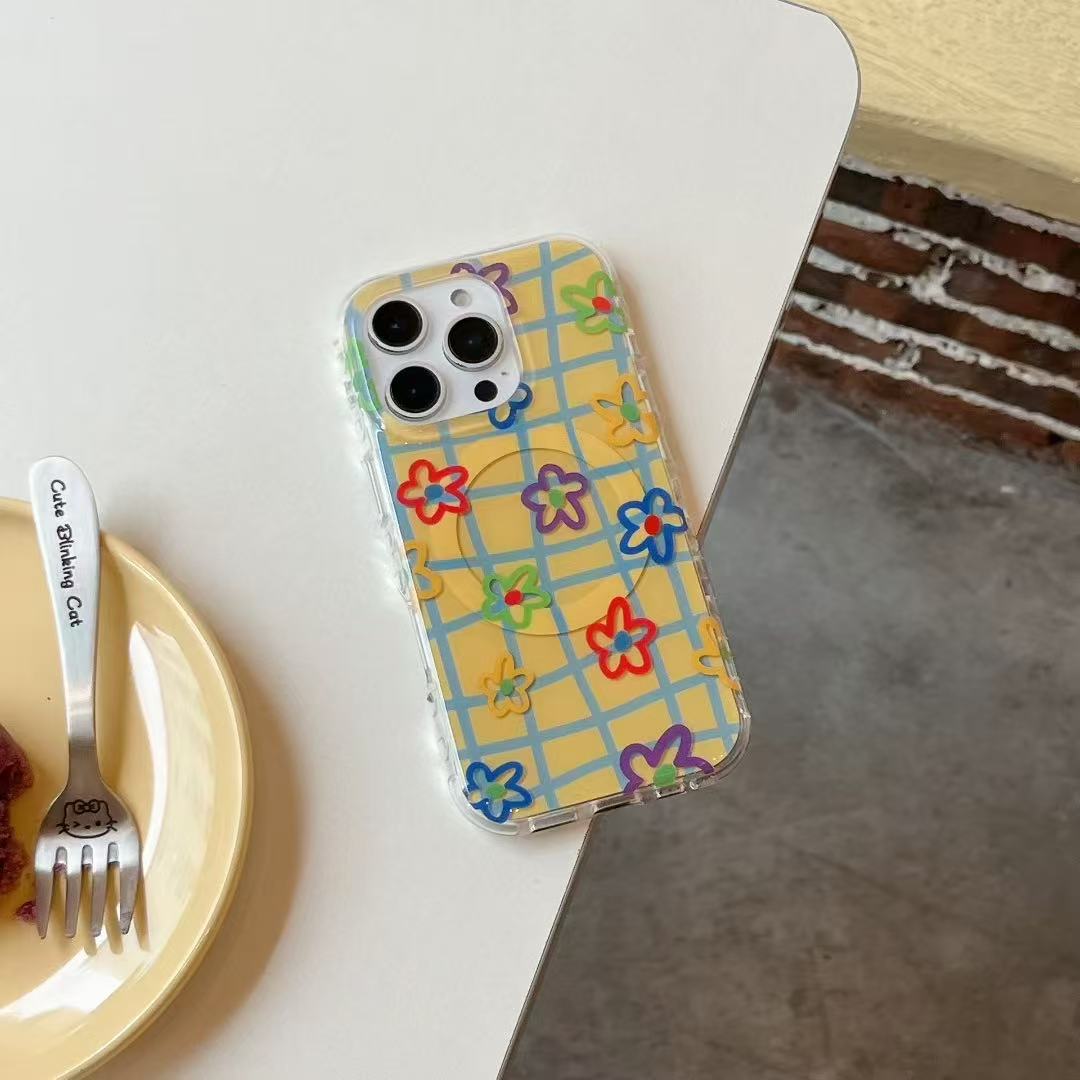 Flores a cuadros de líneas de colores para Apple 16ProMax funda para teléfono móvil 15Pro magnético 14/13 nuevo 15PM