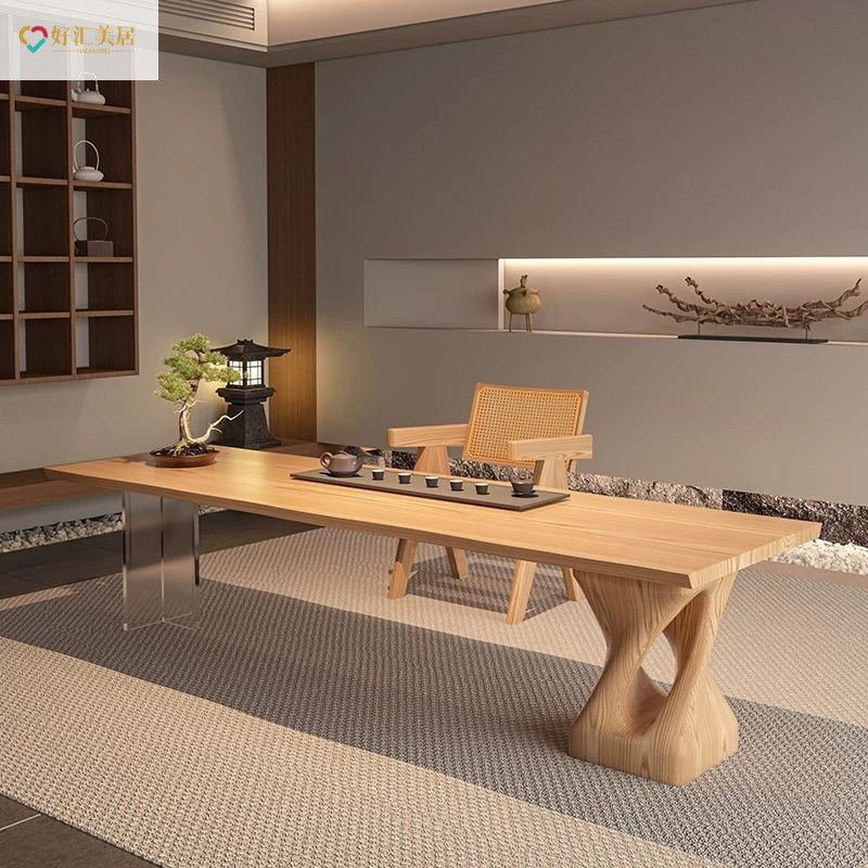 Quiet Style White Wax Dining Table Living Room Log Large Board Tea Table Minimalist Home Natural Side Office Dual-Use Solid Wood Table