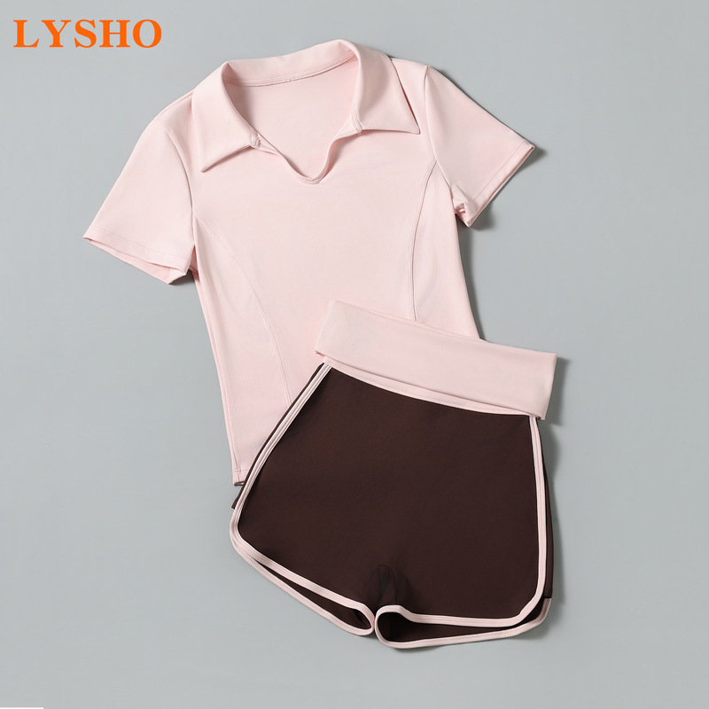 LYSHO Summer New Sports Outfit: POLO Collar V-Neck Short Sleeve Slimming Color-Block Yoga Shorts Set
