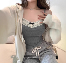 性感辣妹纯欲蕾丝花边夏天吊带背心打底带胸垫蝴蝶结短款修身上衣