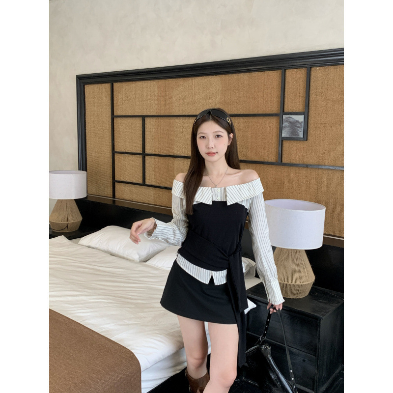 Discount European Plus-Size Autumn New Color-Blocking Striped Design Off-Shoulder Slimming Top with Tie Shirt Discount European Plus-Size Autumn New Color-Blocking Striped Design Off-Shoulder Slimming Top with Tie Shirt